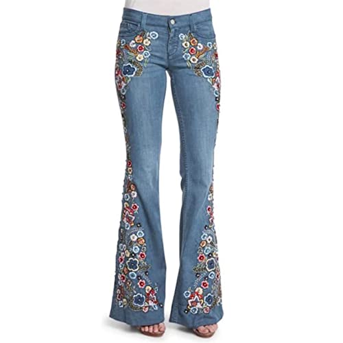 Womens Mid Rise Floral Embroidered Bell Bottom Flare Jeans Vintage Bootcut Jeans Skinny Fit Denim Pants