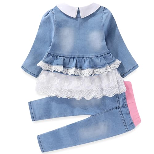 Image of Peacolate 6M-4Years Spring Fall Baby Girls Clothing Set 3pcs Long Sleeve Dress Denim Jacket and Jeans