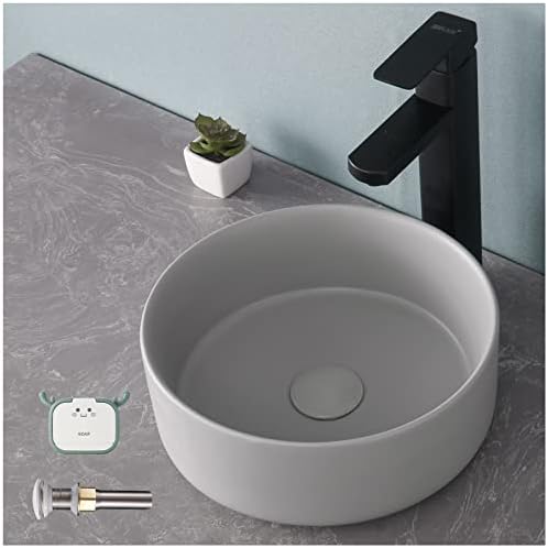 PAKROMAN Round Vessel Sink Modern Bathroom Sink Grey Porcelain Ceramic Above Counter Bathroom Vessel Sink 12"x12" Contemporary Countertop Small Vessel Vanity Sink with Pop Up Drain, Soap Dish