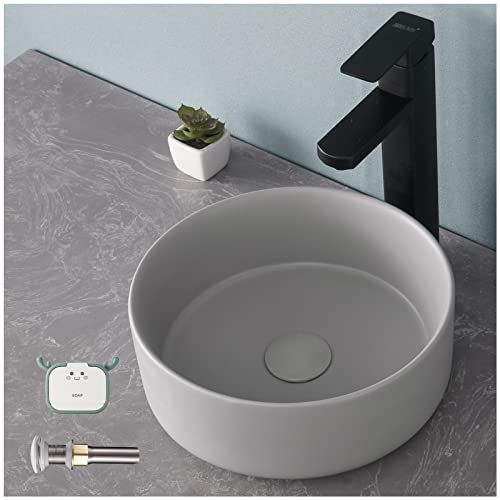 Pakroman Round Vessel Sink Modern Bathroom Sink Grey Porcelain Ceramic Above Counter Bathroom Vessel Sink 12"X12" Contemporary Countertop Small Vessel Vanity Sink With Pop Up Drain, Soap Dish #TOP23