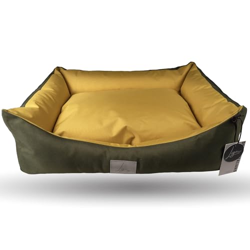 Ligo Oliver - Cuccia per cani di grande taglia idrorepellente sfoderabile resistente ai graffi. Cuscino materasso per cani in nylon. REALIZZATA A MANO IN ITALIA (S:60x50 cm, VERDE OLIVA/SENAPE)