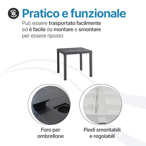 Tomaino - Tavolo Da Giardino In Plastica, Quadrato Per Esterno Effetto Rattan, 4 Posti, Pranzo, Bar, Balcone (Nero) - 4