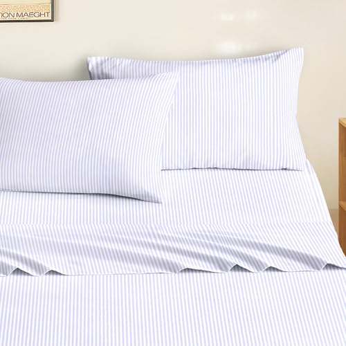 Image of Wake In Cloud - Striped Bed Sheets, 4-Piece Sheet Set, Ticking Vertical Pin Stripe Modern Farmhouse Pattern Printed Bedding, Deep Pocket, Light Purple, Full Size
