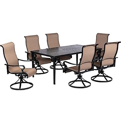 Hanover Brigantine 7-Piece Outdoor Dining Set, Weather-Resistant Patio Dining Set for 6 with Rectangular Table and Sling Swivel Rockers for Backyard, Patio, Deck, Porch, Pergola, Poolside