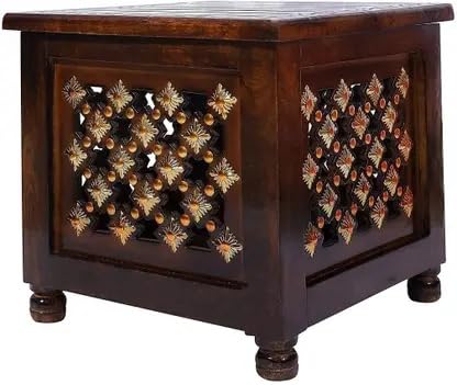 Wooden Storage Stool for Living Room | Handcrafted Multipurpose Stool for Sitting, Side Table, Bedroom & Office Furniture | Designer Sitting Chair with Storage 30x30x30 Cms (Brown)