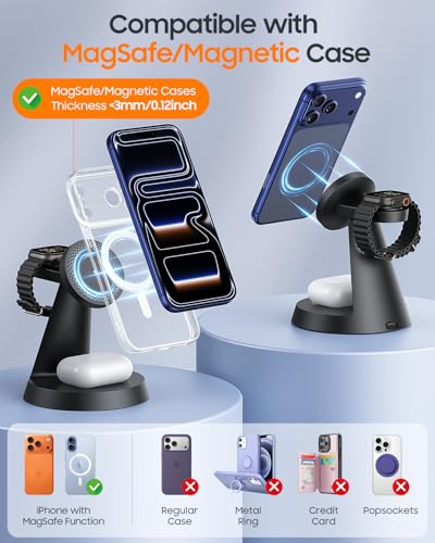 Image of Meifigno 3 in 1 Magnetic 15W Charging Station for Apple Multiple Devices | Wireless Charger Design for MagSafe, for iPhone 17-12 Series, Watch Charger Stand for Apple Watches & Airpods, with Adapter