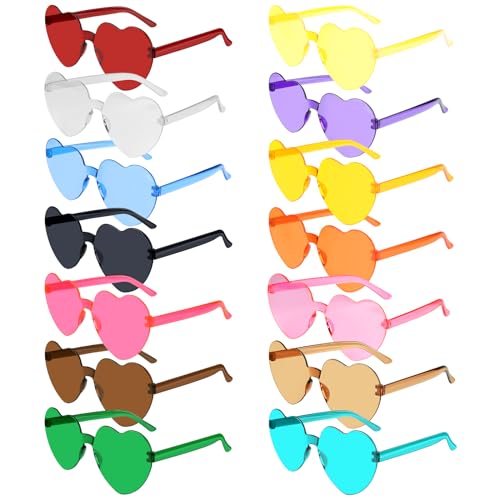 BOUBONI 14 Stück Herz Sonnenbrille für Damen Randlose Herzbrille Transparente Bonbonfarbene Herzchen Sonnenbrille für Partygeschenke (14 Farben)