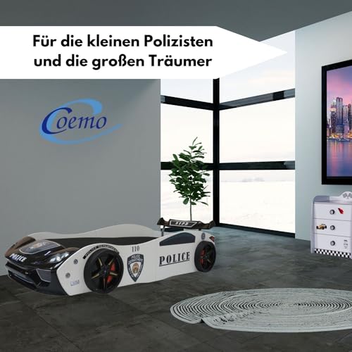 Coemo Kinder Autobett V2 Police Kinderbett 90x200 im Rennwagen super Streifenwagen Design mit LED Beleuchtung und Lattenrost für Jungen und Mädchen - Betten Farbe Weiß