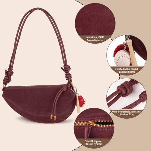 Image of Small Suede Dumpling Crossbody Bag for Women, Hobo Shoulder Purse with Cute Baseball Charms & Adjustable Strap