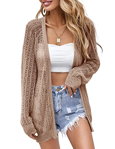 Women Crochet Lightweight Cardigan Cover Up Open Front Long Sleeve Summer Cardigans Camel