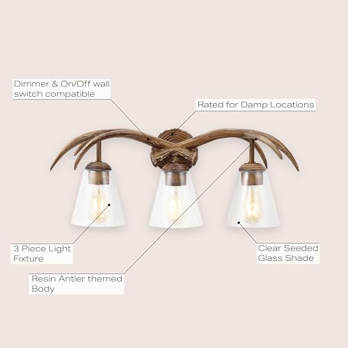 Image of JONATHAN Y 25.5 inch Brown Wood Finish 3-Light Resin Faux Antler LED Vanity Light, Southwestern Bohemian Wall Sconce with Seeded Glass Shades, UL Listed, LED Bulbs Included JYL6309A