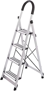 Ladder Step Ladders 4 Step Steel Ladder Black and Silver Aluminum Stepladders Lightweight Step Ladders with Handrails and X-Shaped Reinforcement Portable Step Stool