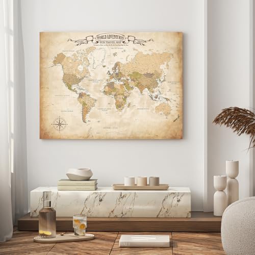 Image of DECORARTS - Oversized World Travel Map with Pins, Pin Board Canvas Wall Art, Extra Large Antique Old World Maps for Wall, Giclee Print, Handcrafted in USA, 40x30''