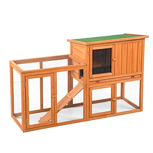 U-MAX Rabbit Hutch 54.3 inches Outdoor Large Bunny Cage Upgraded Wooden Rabbit House Rabbit Cage with Open Roof, Removable Tray & Ramp