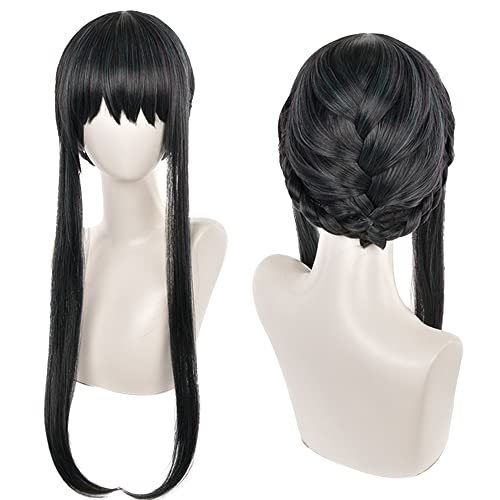 Perruque cosplay anime longue tresse noire pour cacher les cheveux volumineux