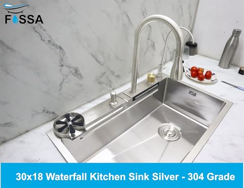 Image of Fossa 30x18x9 Inches Single Bowl Waterfall Kitchen Sink, Nano 304 Grade Stainless Steel, Rectangular Workstation,Faucet with all Accessories,Brushed Silver Matte Finish