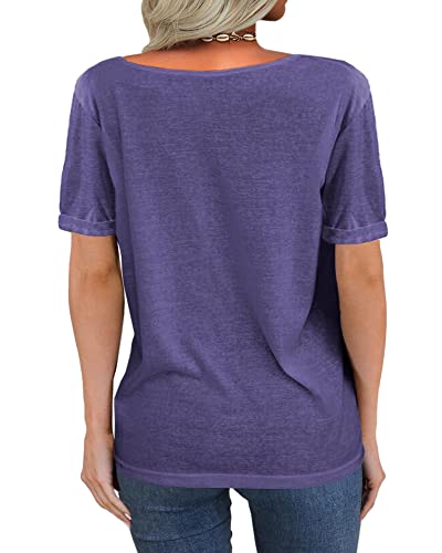 Image of Danedvi Women Deep V-Neck Short Sleeve Tops Solid Casual Loose T Shirt