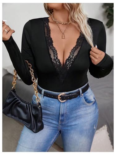 SOLY HUX Women's Plus Size Long Sleeve Bodysuit Sexy Lace Trim Deep V Neck Leotard Tops4
