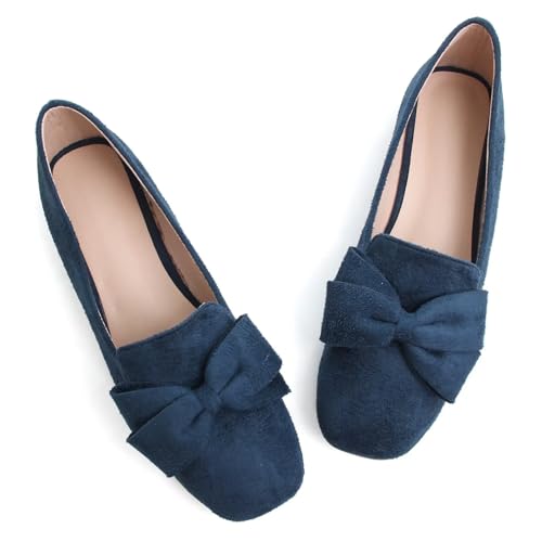LUXINYU Women Mary Jane Shoes Bowknot Dressy Square Toe Suede Upper Slip on Ballet Flats Comfortable Moccasins Work Flats Low Heel Daily Walking Shoes