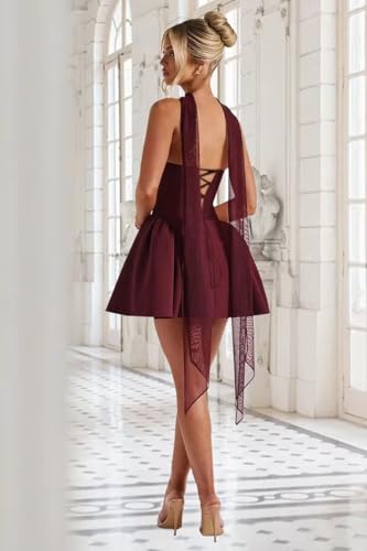 Short Satin Homecoming Dress for Teens Mini A Line Strapless Cocktail Party Dresses with Scarf DD0152