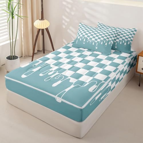 Image of Light Blue Checkered Full Lightweight Zipper Bedding Set,Checkerboard Drip 4 Piece Comforter with Fitted Sheet & Pillowcases,Indie Aesthetic Funky Modern Geometric All Season for Kids Zip Up Blanket