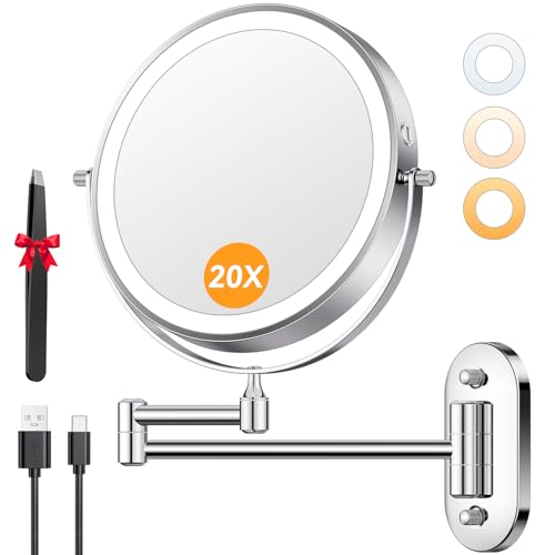 Auxmir - Auxmir Lighted Wall Mounted 20X Magnifying Makeup Mirror, 8" Double-sided 360° Swivel Shaving Mirror with Extendable Arm, 3200mAh Rechargeable Dimmable Mirrors with Tweezer for Bathroom and Hotel - -40%