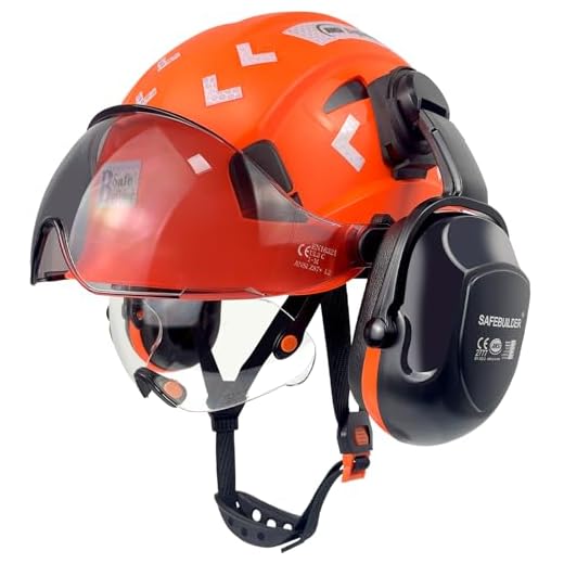 SAFEBUILDER Safety Hard Hats with Visor Hearing Protection 4 in 1 Safety Helmet Lightweight Adjustable Breathable 6-Point Suspension Head Protection ANSI Z89.1 Approved (Orange+CSV+B&O 07 Ear Muffs)