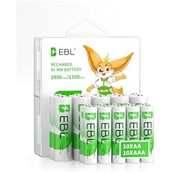 EBL Rechargeable Batteries Combo, AA 2800mAh (10 Pack) and AAA 1100mAh (10 Pack) High Capacity Precharged Ni-MH Rechargeable Batteries with Battery Organizer Storage Box