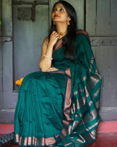 Image of Women's Kanjivaram Cotton Silk Saree South Indian Paithani Sari | gadwal cotton sarees with Zari Border and Blouse Piece - Suitable For All Indian Occasions and Festivals 191