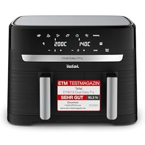 Tefal Dual Easy Fry Heißluftfritteuse, 8,  L Air Fryer, zwei spülmaschinenfeste Körbe, 7-in-1, 6-8 Portionen, 15 Jahre Reparierbarkeit, energiesparend, schwarz, EY9018