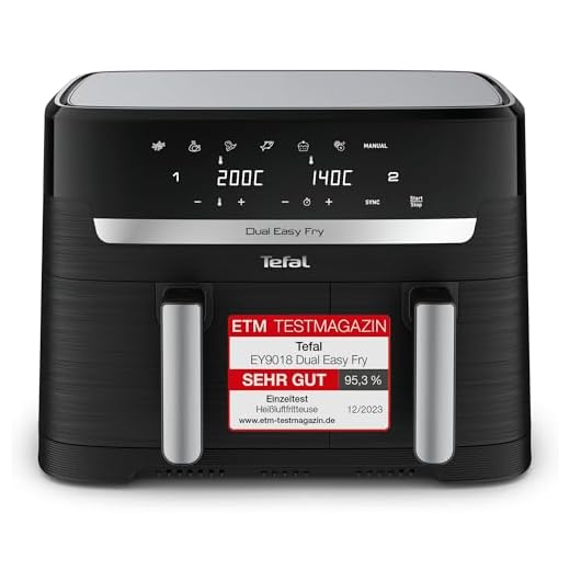 Tefal EY901810 Dual Easy Fry Doppelkammer-Heißluftfritteuse | 5,2/3,1 L Fassungsvermögen | zwei unabhängige Schubladen | 7 automatische Programme | energiesparend | Schwarz