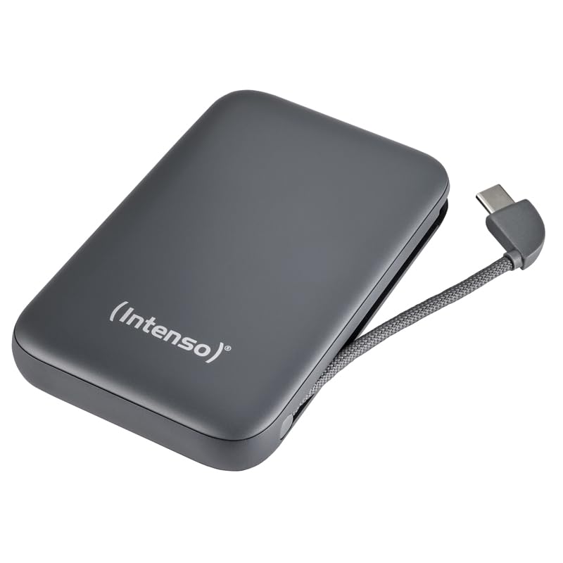 Intenso S10000 Powerbank mit integriertem USB-C Kabel, 10.000 mAh, Ultra schnelles Laden mit PD 3.0 (PPS), 20W, Ladestatus in Prozentt, geprüft in Deutschland, grau