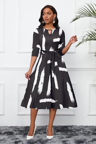 Image of CLOCOR Midi Dresses for Women Casual A-Line Fit and Flare Dress Crewneck 3 /4 Sleeve Keyhole Cocktail Party Church Dress