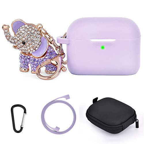 AirPods Pro Cases Keychain Set, Silicone TOROTOP Airpod 3 Protective Case Cover Skin Compatible for Apple Airpod Pro 2019 with Bling Elephant Keychain/Storage Box(Front LED Visible) (Purple)