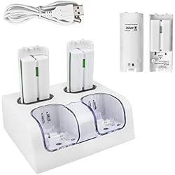 Cargador Baterias Wii TechKen Wii Controller Charger, Estación de Carga para 2 Mandos de Wii y 2 Akkus Wii Wiimote Charging Station con 4 Baterías de 2800MAH (White)