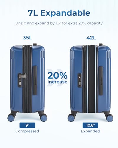 BAGSMART Carry On Luggage 22x14x9 Airline Approved with Spinner Wheels,100% PC Hardside Expandable Luggage with TSA Lock for Trips, 20 Inch Rolling Suitcases for Men Women,Blue3