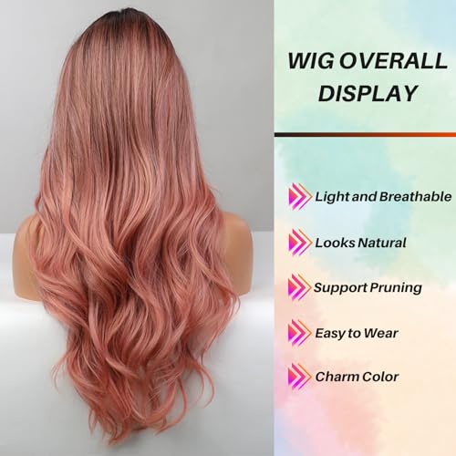 Honygebia Pink Wig with Fringe, Long Wavy Ombre Pink Wigs for Women Synthetic Heat Resistant Natural Looking Hair - Image 4