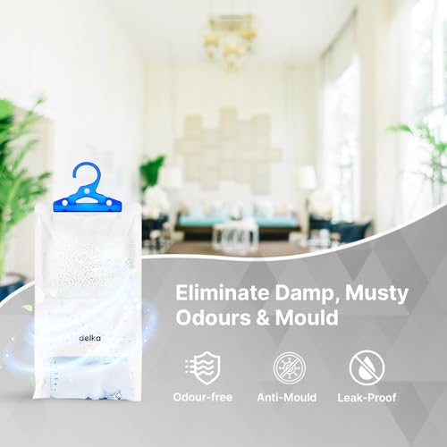 Delka 6 Pack Wardrobe Dehumidifier Hanging Bags, Trap Condensation, Moisture Absorber, Prevents Damp, Mould 210g each Leak-Proof Bag, Dehumidifier for Home, Kitchen, Wardrobe, Bedroom, Garage, Office
