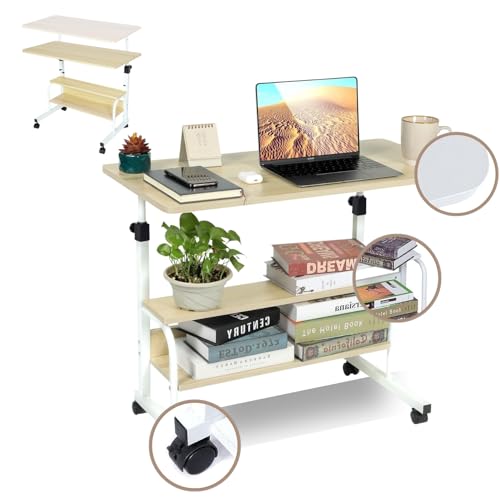 JANDTEK Mesa Ordenador portátil con Ruedas - Mesa Auxiliar 80x40cm - Mesa Ordenador pequeña con estantería Inferior - Escritorio Altura Regulable - Escritorio portátil (80x40 Marron)