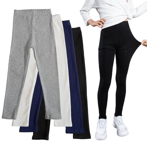 4 Pack Girls Leggings Thick Cotton Leggings for Kids Full Length Pants Stretchy Designed for 64-80℉ Weather