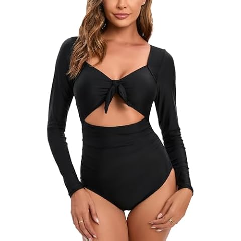 NESY Long Sleeve Bathing Suit for Women UV Rash Guard Swimsuits with Sleeves One Piece Sexy Tummy Control Cutout Surfing Suit Cover