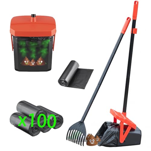 TIMINGILA 36" Pooper Scooper Swivel Bin & Rake with 100 Dog Poop Bags,Adjustable Long Handle for No-Bend Cleanup,Portable Non-Breakable Dog Poop Scooper for Large Medium Small Dogs