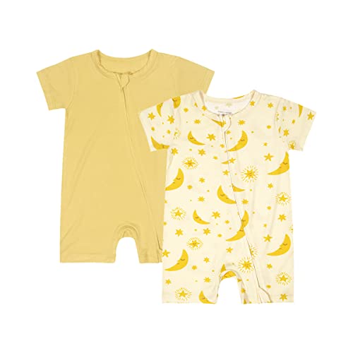 Teach Leanbh Baby Boys Girls 2 Pack Bamboo Viscose Pajamas 2 Way Zipper Short Sleeve Romper Jumpsuit Sleep and Play (as1, age, 6_months, Yellow/Star moon)