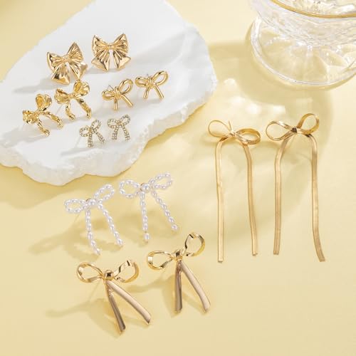 Gold Bow Earrings for Women Classic Ribbon Bow Stud Earring Set2