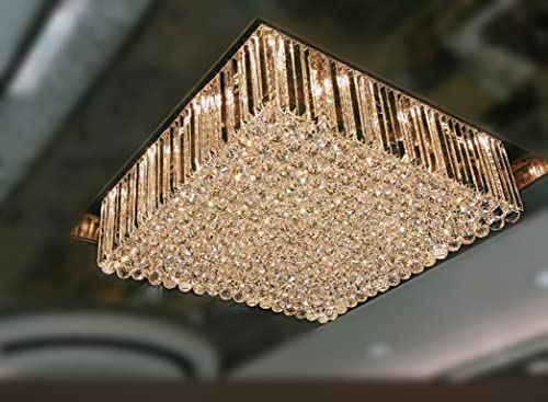Image of Sanleen Rectangular K9 Crystal Chandelier Ceiling Light | 15 inch x 15 inch x 6 inch Glass Decorative Hanging Lamp for Living Room, Bedroom, Dining Room & Drawing Room | Luxury Vintage Home Decor Lighting Fixture