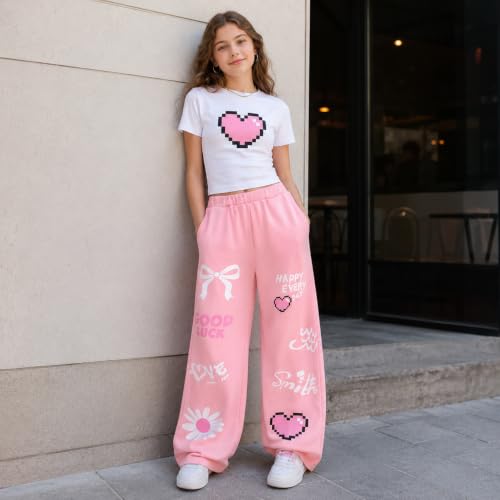 Image of Girls Clothes 2 Piece Cute Pixel Heart-Print Top Graffiti-Print Pants Sets | Trendy Y2K Inspired Outfit with Fitted Top and Wide Leg Bottoms, Casual Streetwear for Teens Girls 7-14Y