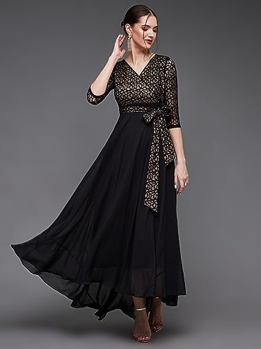 Image of Miss Chase Women's Floral Printed Relaxed Fit V-Neck 3 /4th Sleeve Maxi Dress