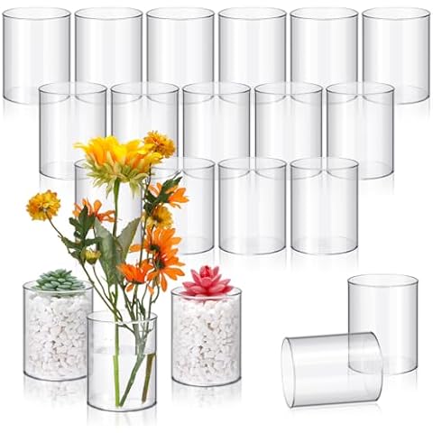 Vesici 20 Pcs Plastic Cylinder Vase 4 Inch Acrylic Cylinder Vase Bulk Small Clear Flower Vase Hurricane Candle Holder Round Wide Container Centerpiece for Home Office Wedding Decorations Cover