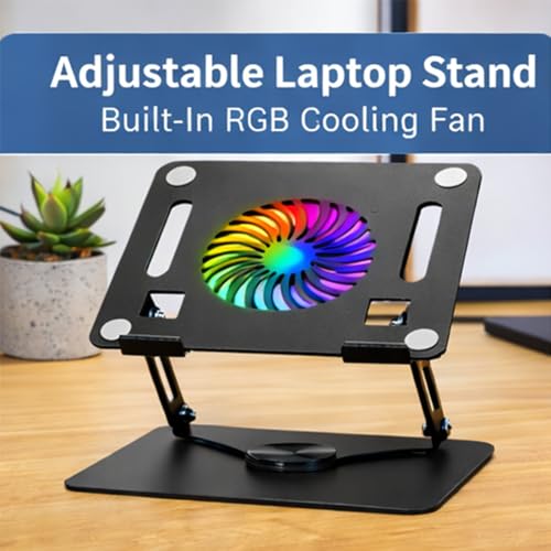 Image of EYUVAA LABEL Metal Laptop Stand with Cooling Fan & RGB Light | 360 Rotation with Adjustable Height, Compatible with 10-17 inch Laptops Stand for Gaming, Table, Office (Black)