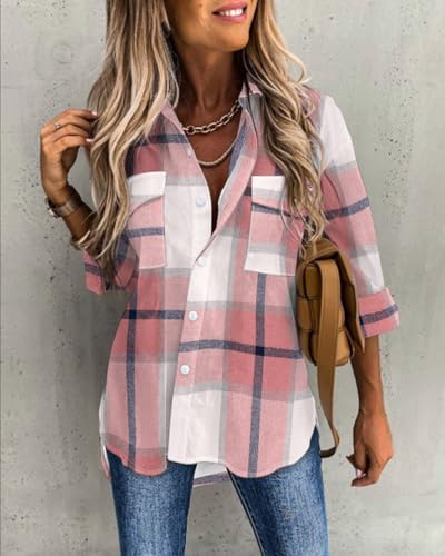 Womens Plaid Shirt Button Front Pocket Design Loose Fit Long Sleeve Casual Shirt Classic Collar Shirt for Daily Office